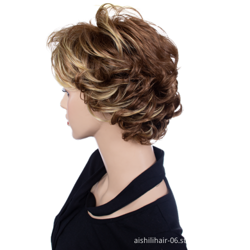 Wholesale stort mix brown with gloden natural wave and behand curly wig heat resistant synthetic hair wigs for women